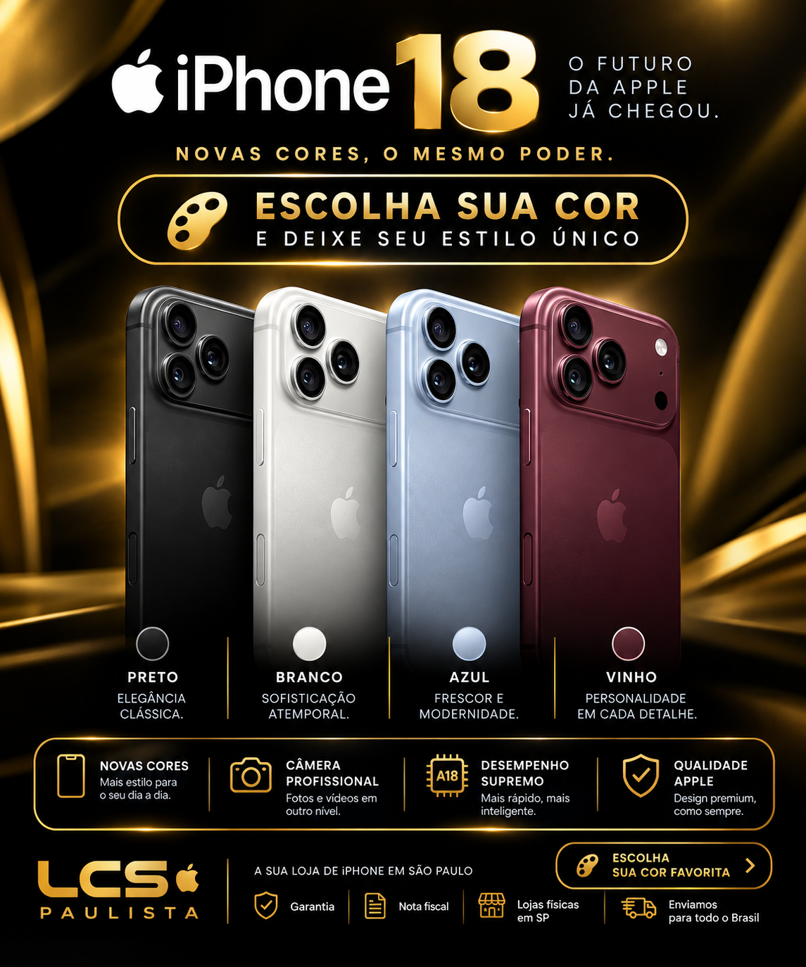 Cores do iPhone 18: preto, branco, azul e vinho